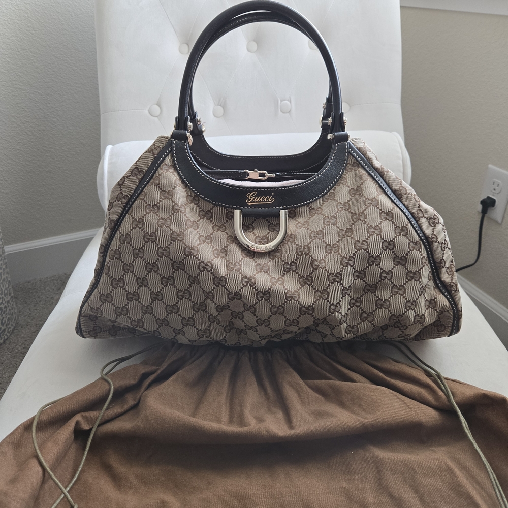 GUCCI Abbey D Gold Ring GG Canvas Large Hobo Bag